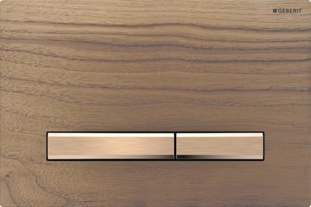 Geberit Sigma50 flush plate, square, dual flush, metal colour red gold: Base plate, Button: red gold / brushed, easy-to-clean coated, Cover plate: black walnut
