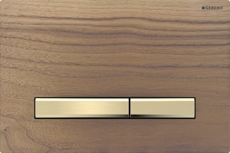 Geberit Sigma50 flush plate, square, dual flush, metal colour brass-coloured: Base plate, Button: brass-coloured / brushed, easy-to-clean coated, Cover plate: black walnut