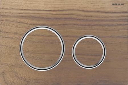 Geberit Sigma50 flush plate, round, dual flush, metal colour chrome-plated: Base plate, Design ring/-s: chrome / glossy, Cover plate, Button: black walnut