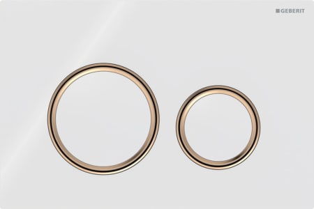 Geberit Sigma50 flush plate, round, dual flush, metal colour red gold: Base plate: red gold / brushed, easy-to-clean coated, Cover plate, Button: white / glossy glass, Design ring/-s: red gold