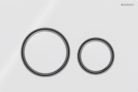 Geberit Sigma50 flush plate, round, dual flush, metal colour black chrome: Base plate: black chrome / brushed, easy-to-clean coated, Cover plate, Button: white / glossy glass, Design ring/-s: black chrome