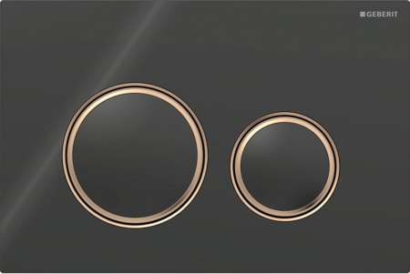 Geberit Sigma50 flush plate, round, dual flush, metal colour red gold: Base plate: red gold / brushed, easy-to-clean coated, Cover plate, Button: black / glossy glass, Design ring/-s: red gold