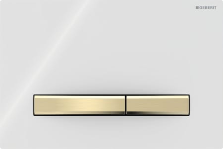 Geberit Sigma50 flush plate, square, dual flush, metal colour brass-coloured: Base plate, Button: brass-coloured / brushed, easy-to-clean coated, Cover plate: white / glossy