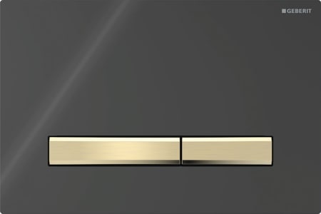 Geberit Sigma50 flush plate, square, dual flush, metal colour brass-coloured: Base plate, Button: brass-coloured / brushed, easy-to-clean coated, Cover plate: black / glossy