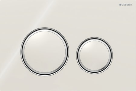 Geberit Sigma50 flush plate, round, dual flush, metal colour chrome-plated: Base plate, Design ring/-s: chrome / glossy, Cover plate, Button: sand grey / glossy glass