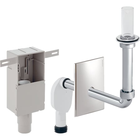 Geberit concealed trap for washbasin, with in-wall cabinet, ready-to-fit set, screen valve and overflow pipe, horizontal outlet