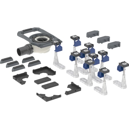 Sprchová odpadní souprava Geberit Duofix s deseti dlouhými nožičkami, pro integrovanou sprchovou vaničku CleanFloor30, výška vodního uzávěru 50 mm