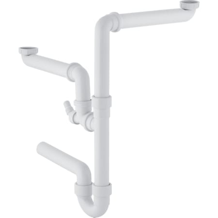 Geberit P-trap for two offset kitchen sinks, with angled hose connector, horizontal outlet
