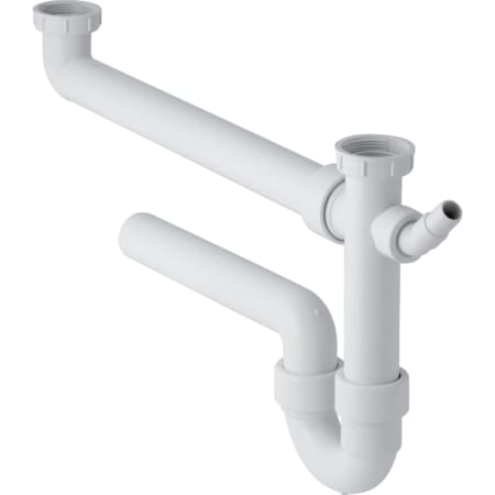 Geberit P-trap for two kitchen sinks, with angled hose connector, extralong, horizontal outlet