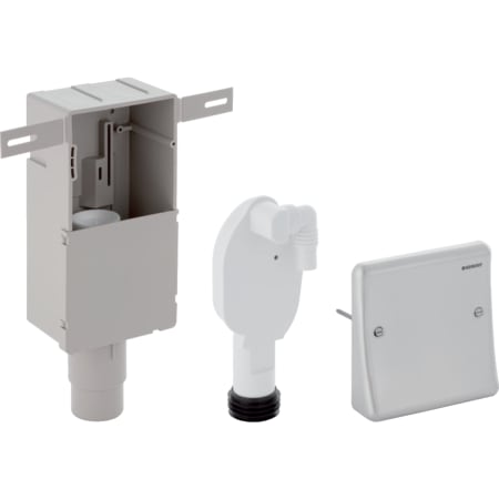 Geberit set of concealed trap for devices, with one connection, in-wall cabinet and cover plate
