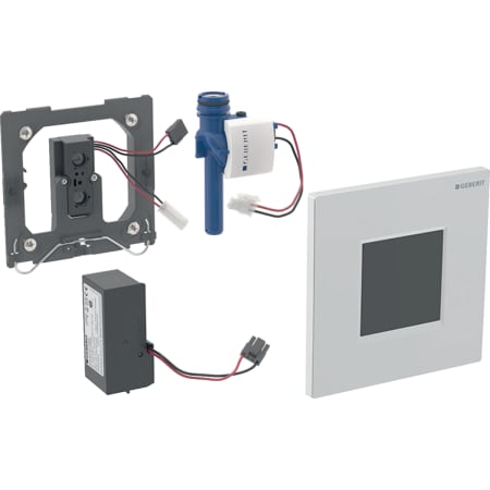 Sistema de descarga para urinóis Geberit com acionamento eletrónico, alimentação elétrica, placa de acesso série 30