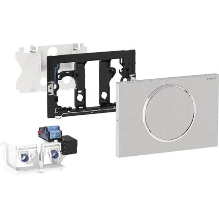 Commande de WC Geberit électronique, alimentation sur secteur, pour réservoir à encastrer Sigma 12 cm, avec plaque de déclenchement Sigma10, ronde, pour barre de relevage, pour commande déportée Bluetooth®