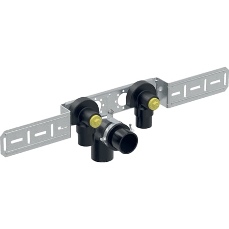 Geberit FlowFit connection bend 90°, premounted, double, offset, with drain pipe bracket and connection bend