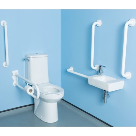 Twyford Avalon set of floor-standing WC, Rimfree, with close-coupled exposed cistern, WC seat ring, handrinse basin, tap, handles and pull-down rail