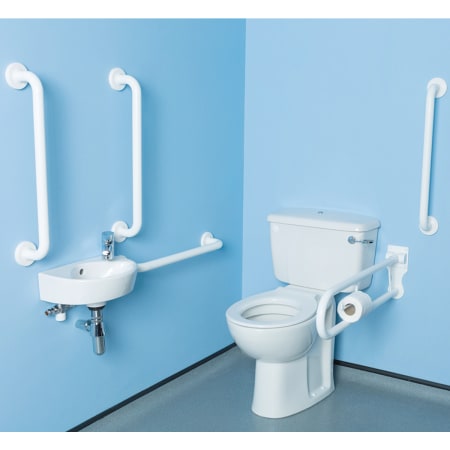 Twyford Avalon set of floor-standing WC with close-coupled exposed cistern, WC seat ring, handrinse basin, tap, handles and pull-down rail