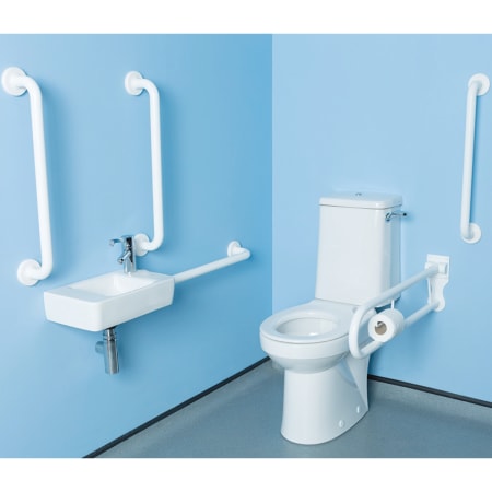 Twyford Avalon set of floor-standing WC, Rimfree, with close-coupled exposed cistern, WC seat ring, handrinse basin, tap, handles and pull-down rail