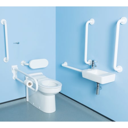 Twyford Avalon set of floor-standing WC, back-to-wall, Rimfree, with WC seat ring, handrinse basin, tap, handles, pull-down rail and backrest