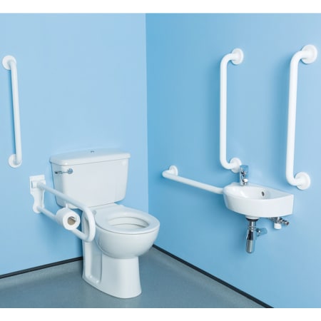 Twyford Avalon set of floor-standing WC with close-coupled exposed cistern, WC seat ring, handrinse basin, tap, handles and pull-down rail