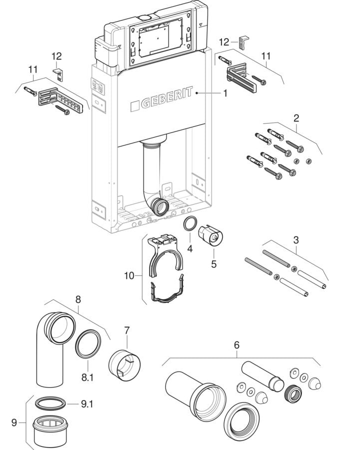 Asma klozet için Geberit Kombifix elemanları, Alpha gömme rezervuar 12 cm ile (2023 üretim yılı itibarıyla)