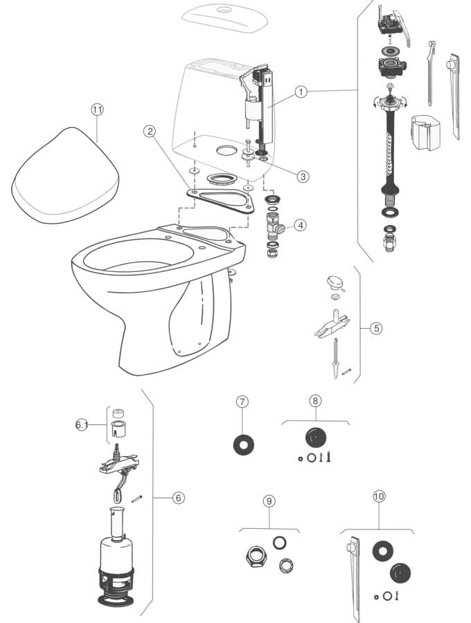 WC-istuimet, joissa on pintahuuhtelusäiliöt paikallaan (IDO/Porsgrund Aniara)