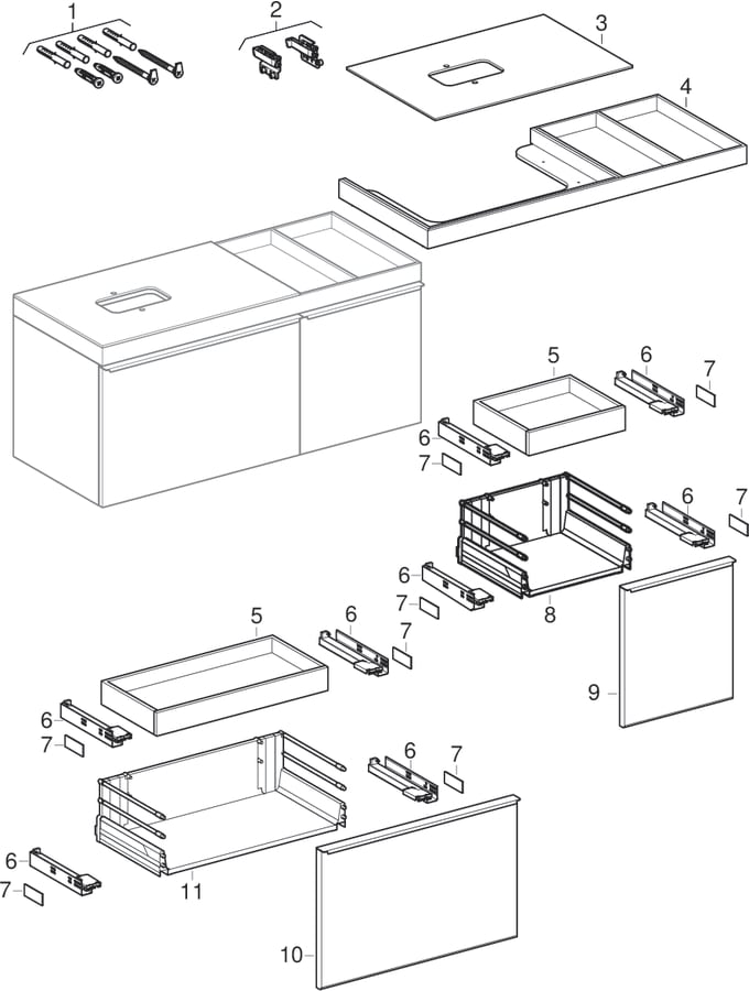 Kétfiókos alsó szekrények pultra ültethető mosdóhoz (Geberit Citterio)