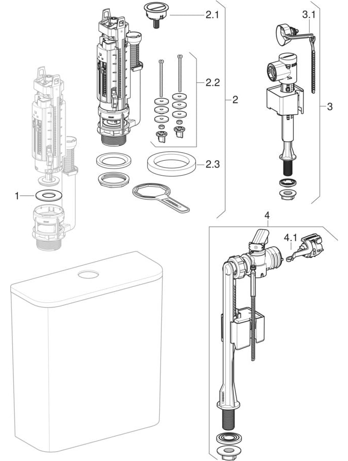 Exposed cisterns, close-coupled, dual flush, bottom water supply connection (Geberit iCon, iCon Square, Smyle, Smyle Square)