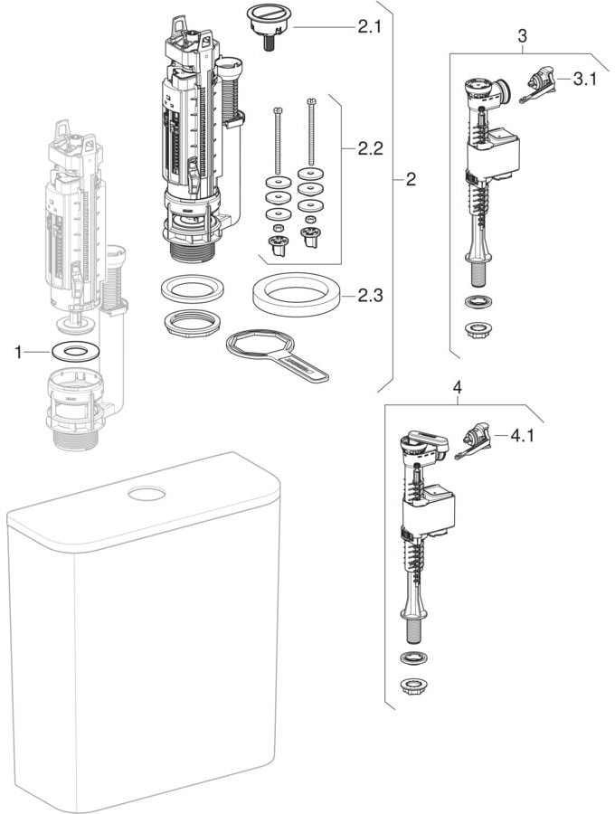 Exposed cisterns, close-coupled, dual flush, bottom water supply connection (Geberit iCon, iCon Square, Smyle, Smyle Square)