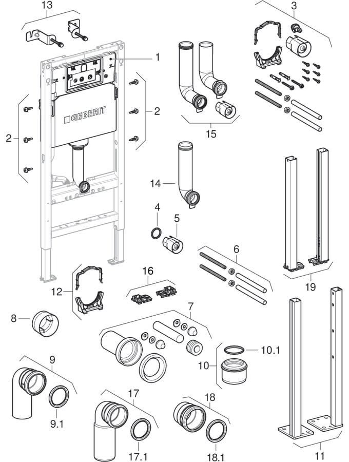 Geberit DuofixBasic element för vägghängd WC, med Delta inbyggnadscistern 12 cm (UP100)