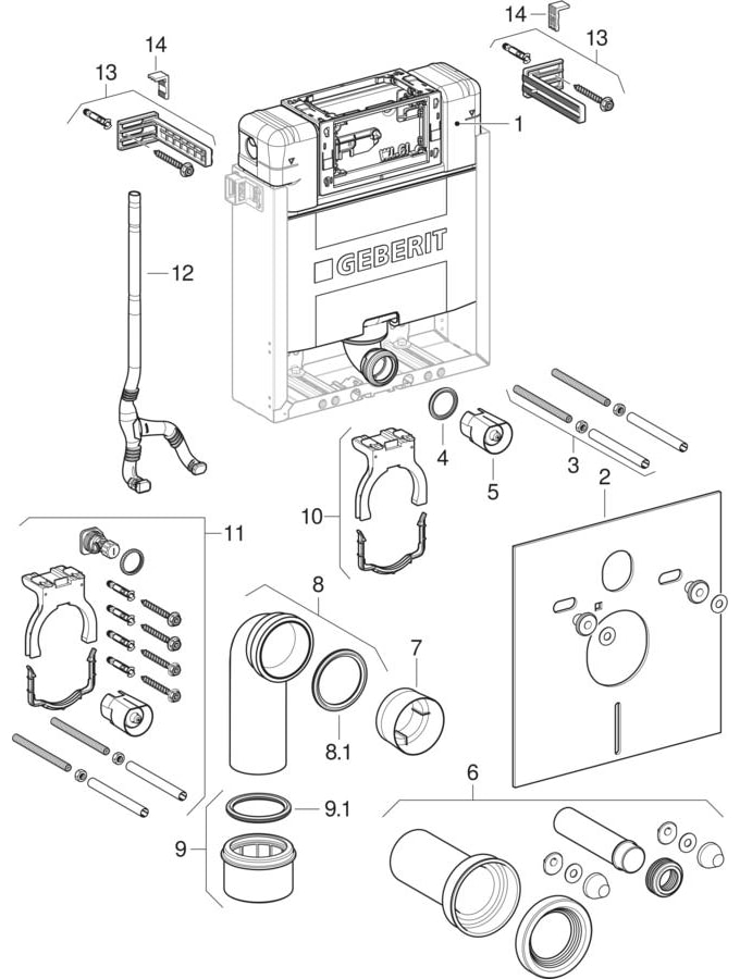 Asma klozet için Geberit Kombifix elemanları, Omega gömme rezervuar 12 cm ile