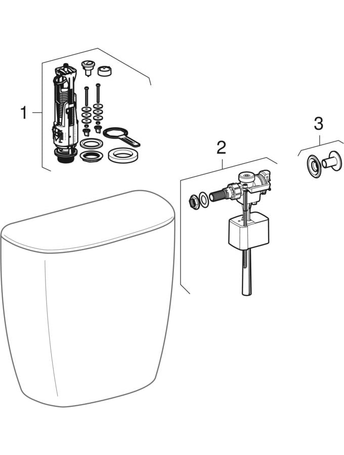 Splachovací nádržky umístěné na WC míse, 2 množství splachování, boční přívod vody (Geberit Bastia, E-Con, Rekord)