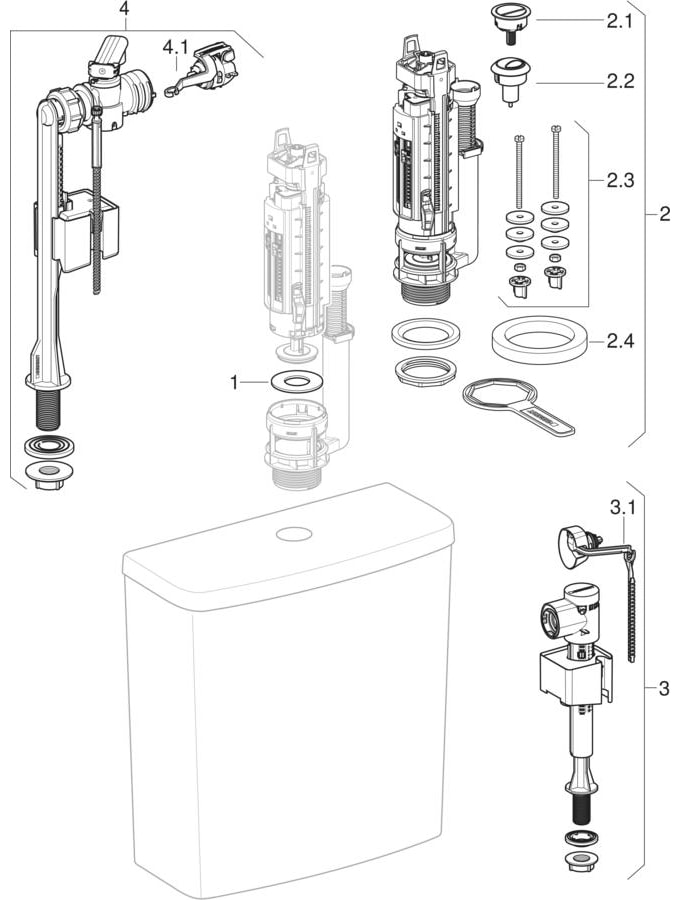 Exposed cisterns, close-coupled, dual flush, bottom water supply connection (Geberit Abalona Square, Selnova Square)