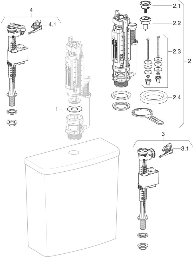 Exposed cisterns, close-coupled, dual flush, bottom water supply connection (Geberit Abalona Square, Selnova Square)