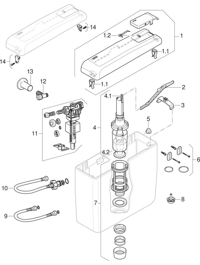 Exposed cisterns AP129, stop-and-go flush