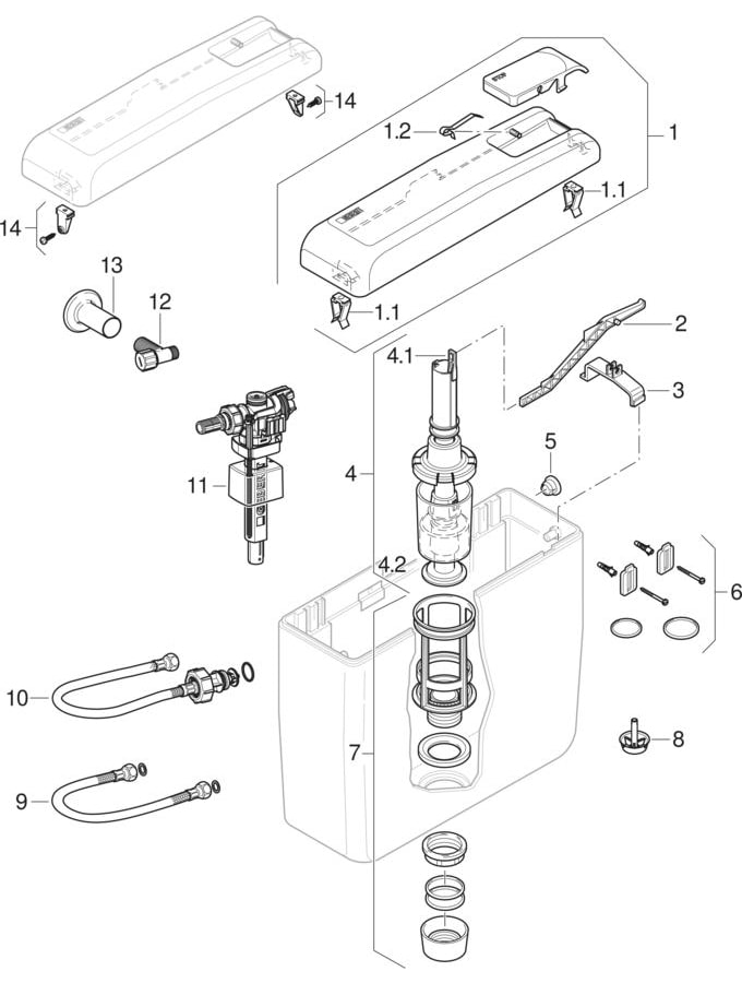 Exposed cisterns AP129, stop-and-go flush