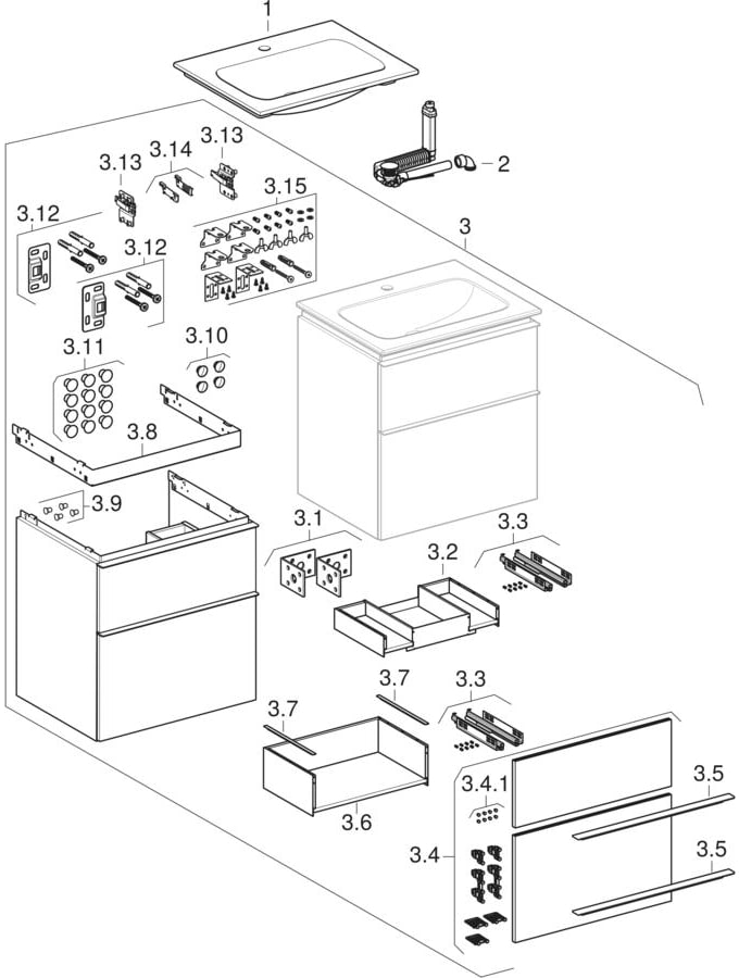 Sets meubelwastafel smal design, met onderkast, twee vulladen en wastafelaansluiting (Geberit iCon)