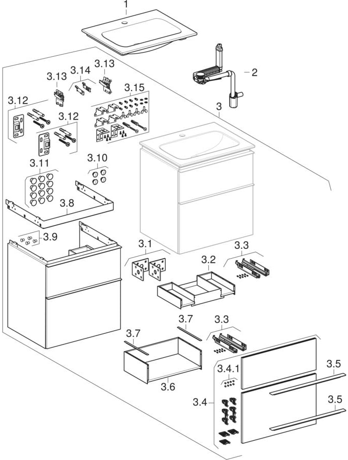 Seturi lavoar mobilier cu muchie îngustă, cu dulap, două sertare şi racord pentru lavoar(Geberit iCon)