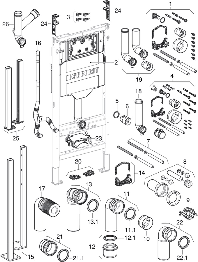 Sprängskiss: Geberit Duofix set fotstöd med stor fotplatta, för golvkonstruktion 0–25 cm: H=62cm