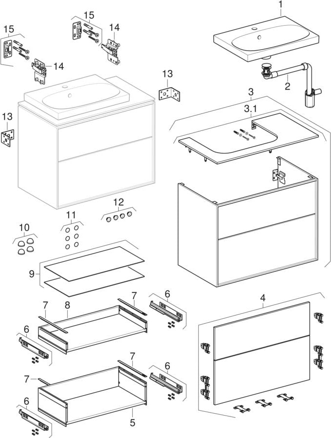 Sarjat Tason päälle asennettava pesuallas alakaapilla, jossa kaksi laatikkoa (Ifö/IDO Sense Art)