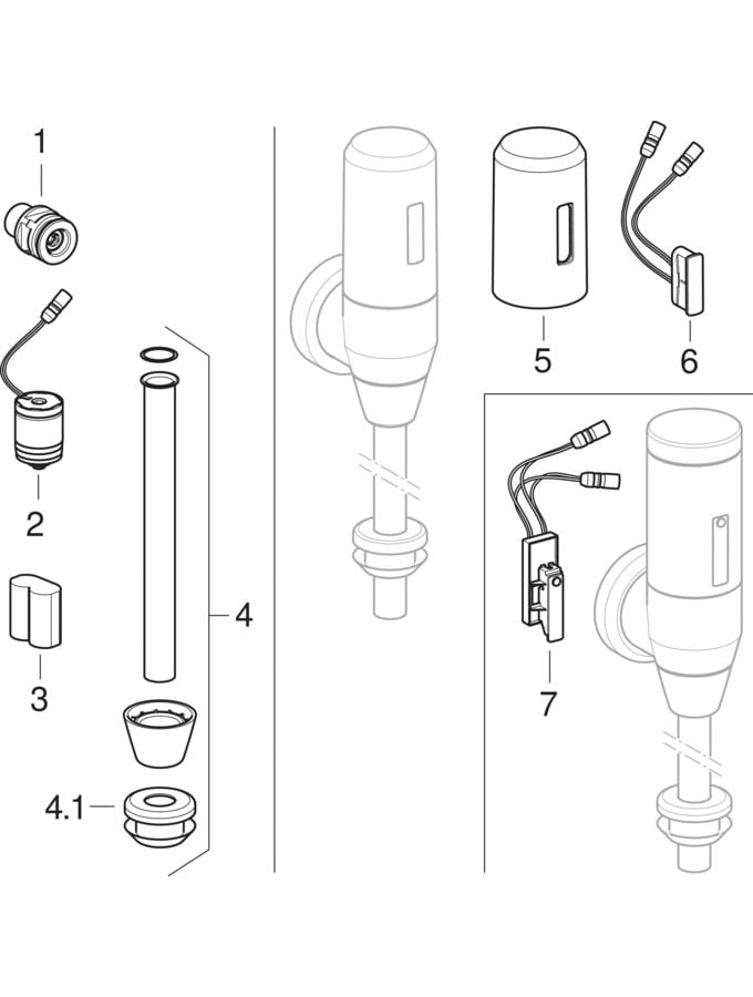 Pressure flushing valve for urinal with electronic flush actuation, battery operation, for surface mounting