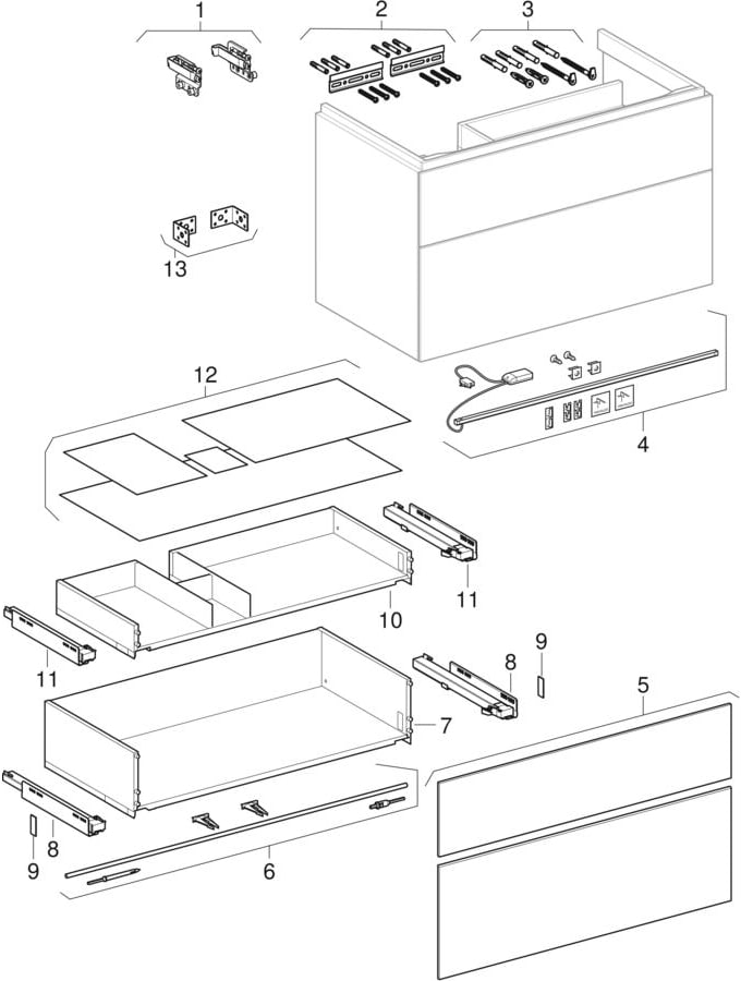 Kétfiókos pakolófelületes alsó szekrény mosdóhoz (Geberit Xeno², 420)