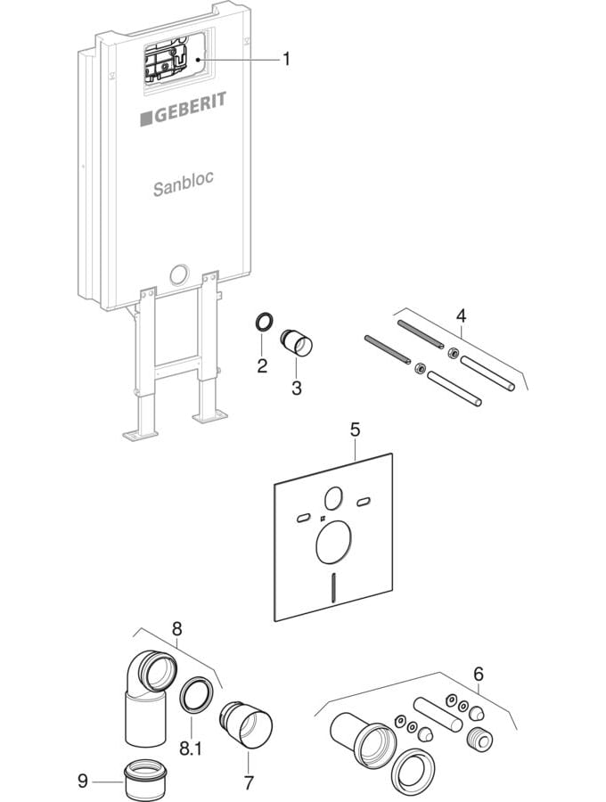 Stavební prvky Geberit Sanbloc pro závěsné WC, se splachovací nádržkou pod omítku Sigma 12 cm (UP300 / 320)