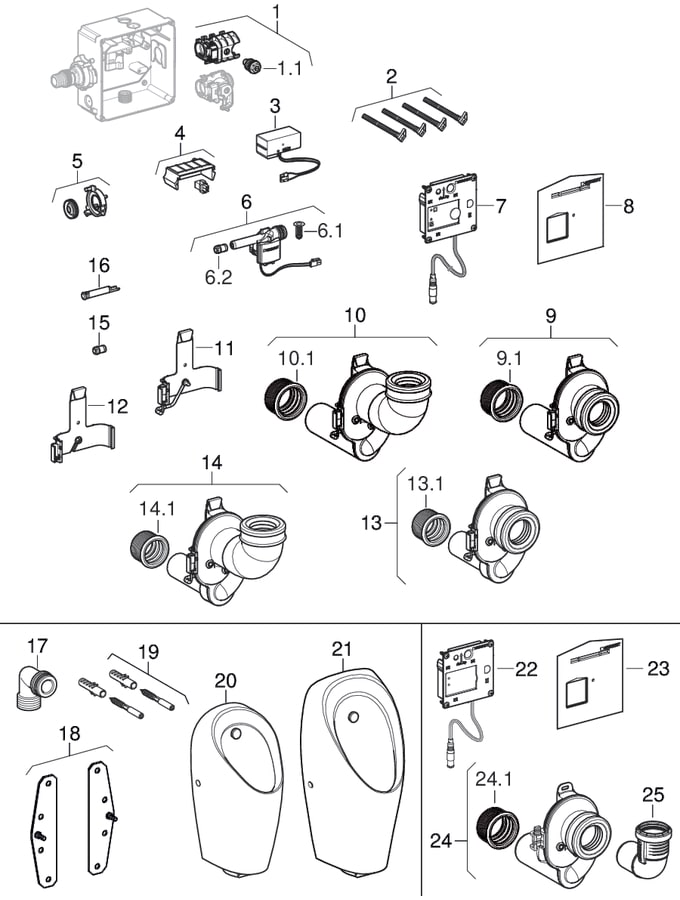 Urinal flush controls with electronic flush actuation, mains operation, hidden