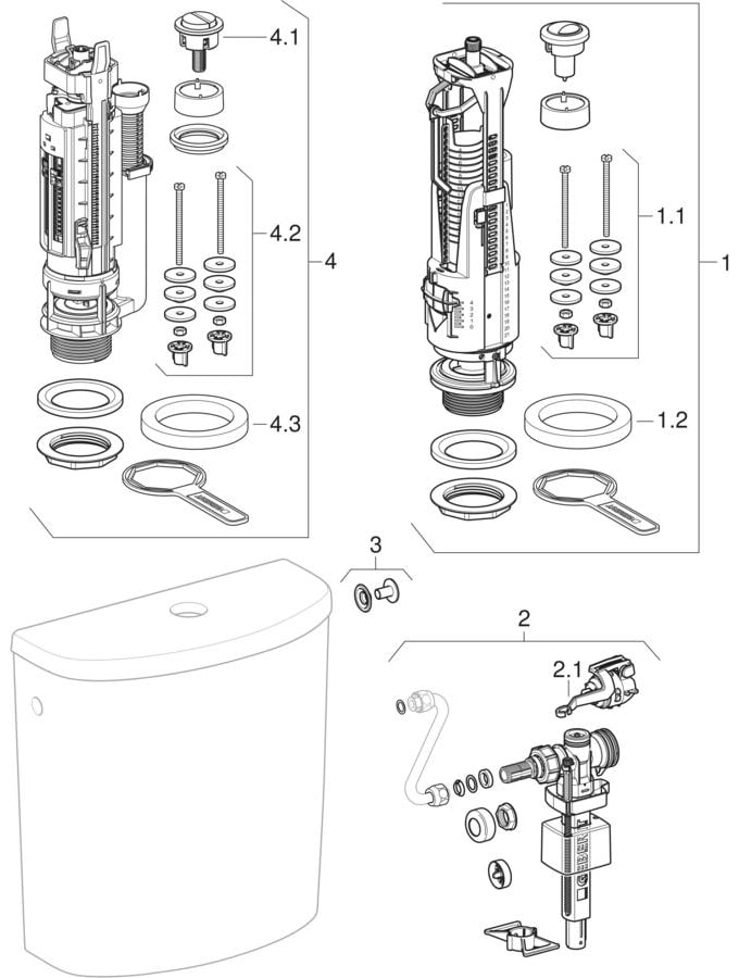 Exposed cisterns, close-coupled, dual flush, lateral water supply connection (Geberit Abalona, Selnova, Dito)