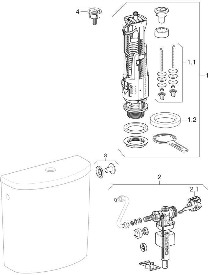 Exposed cisterns, close-coupled, dual flush, lateral water supply connection (Geberit Renova, 280)