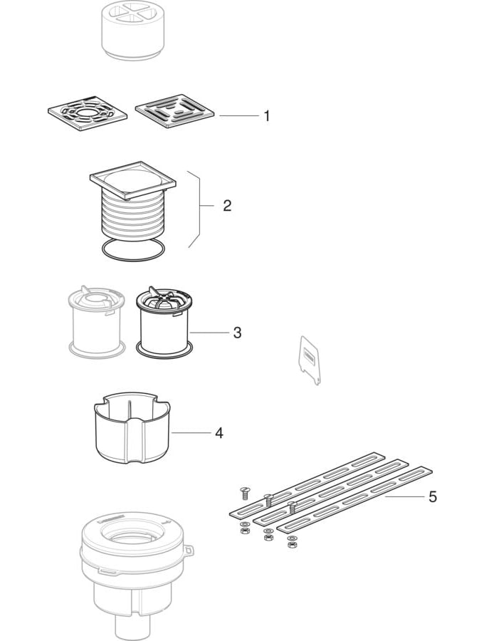 Floor drains with inlet funnel made of PP, d50, slotted grating 10 x 10 cm
