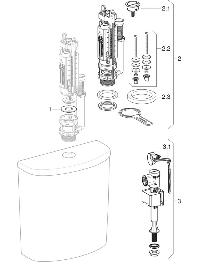 Cassetta di risciacquo esterna monoblocco, risciacquo a due quantità, allacciamento idrico inferiore (Geberit Abalona, Selnova)