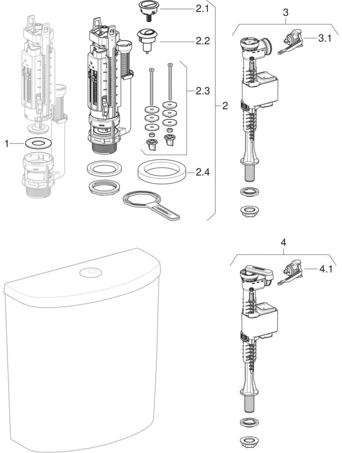 Exposed cisterns, close-coupled, dual flush, bottom water supply connection (Geberit Abalona, Selnova)
