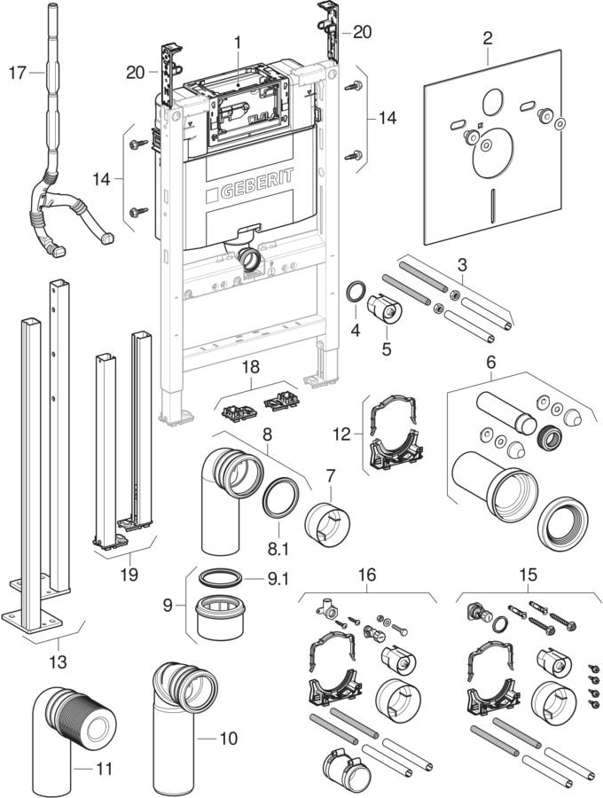 Geberit Duofix elements for wall-hung WC, with Omega concealed cistern 12 cm