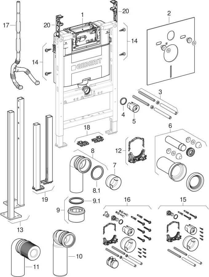 Geberit Duofix frames for wall-hung WC, with Omega concealed cistern 12 cm