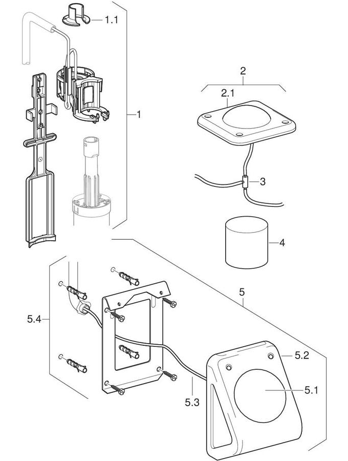 Ovládání WC s pneumatickým ovládáním splachování, 1 množství splachování, nástěnné nožní tlačítko
